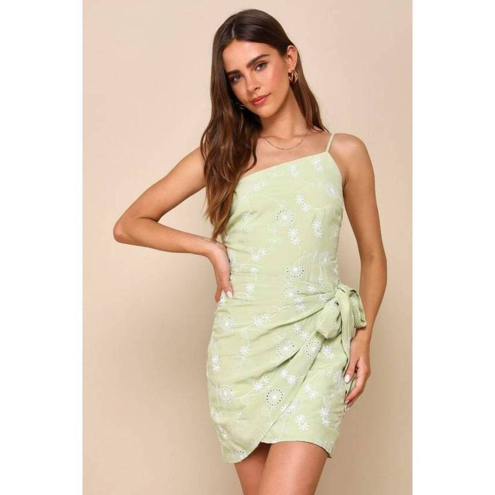 Lulus Blissful Persona Light Green Embroidered One-shoulder Mini Dress - Size XS
